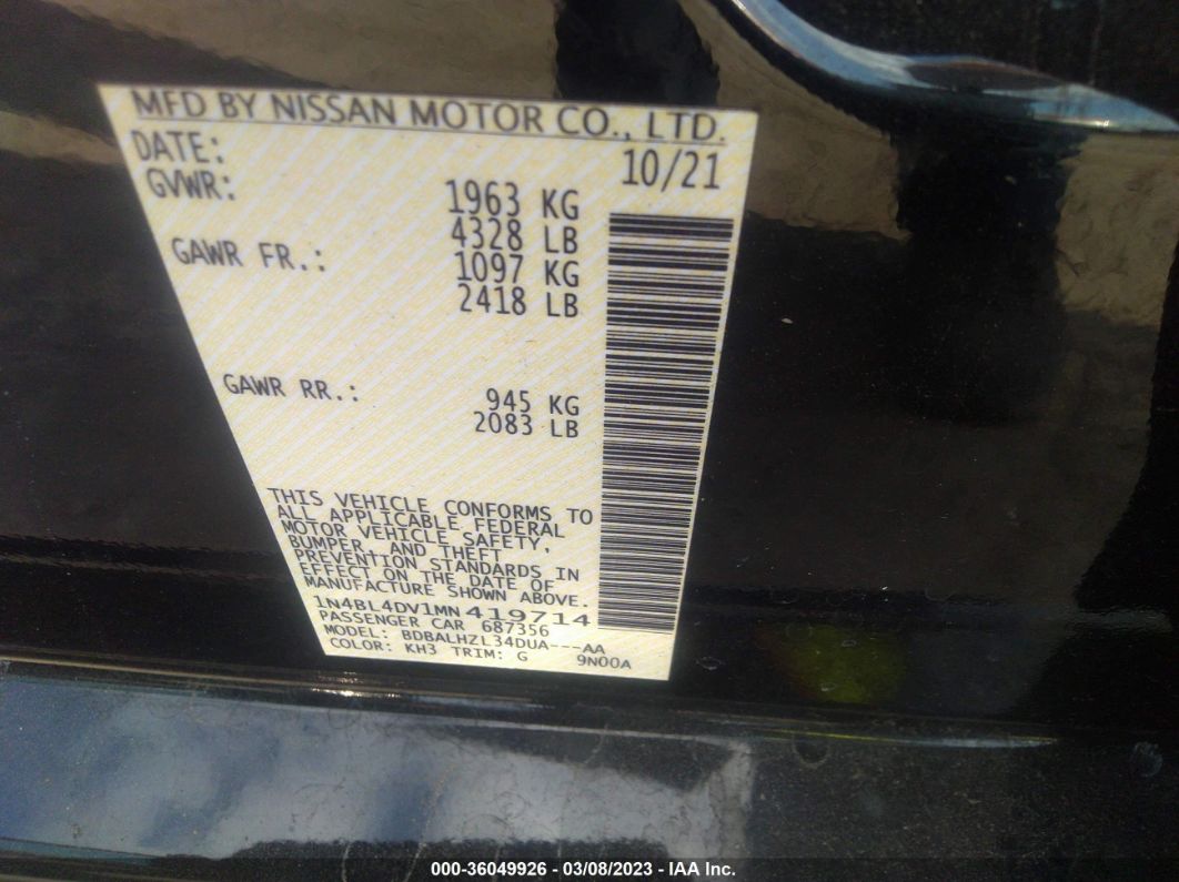2021 Nissan Altima 2.5 Sv Black vin: 1N4BL4DV1MN419714