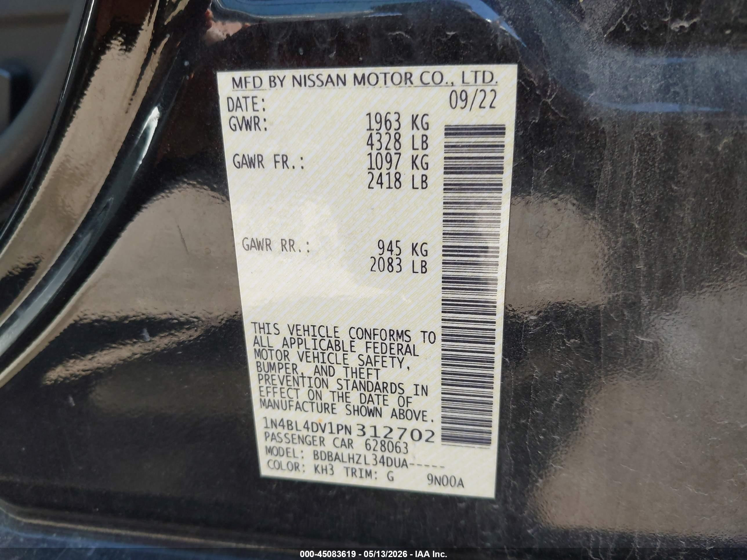 2023 Nissan Altima Sv Fwd Black vin: 1N4BL4DV1PN312702
