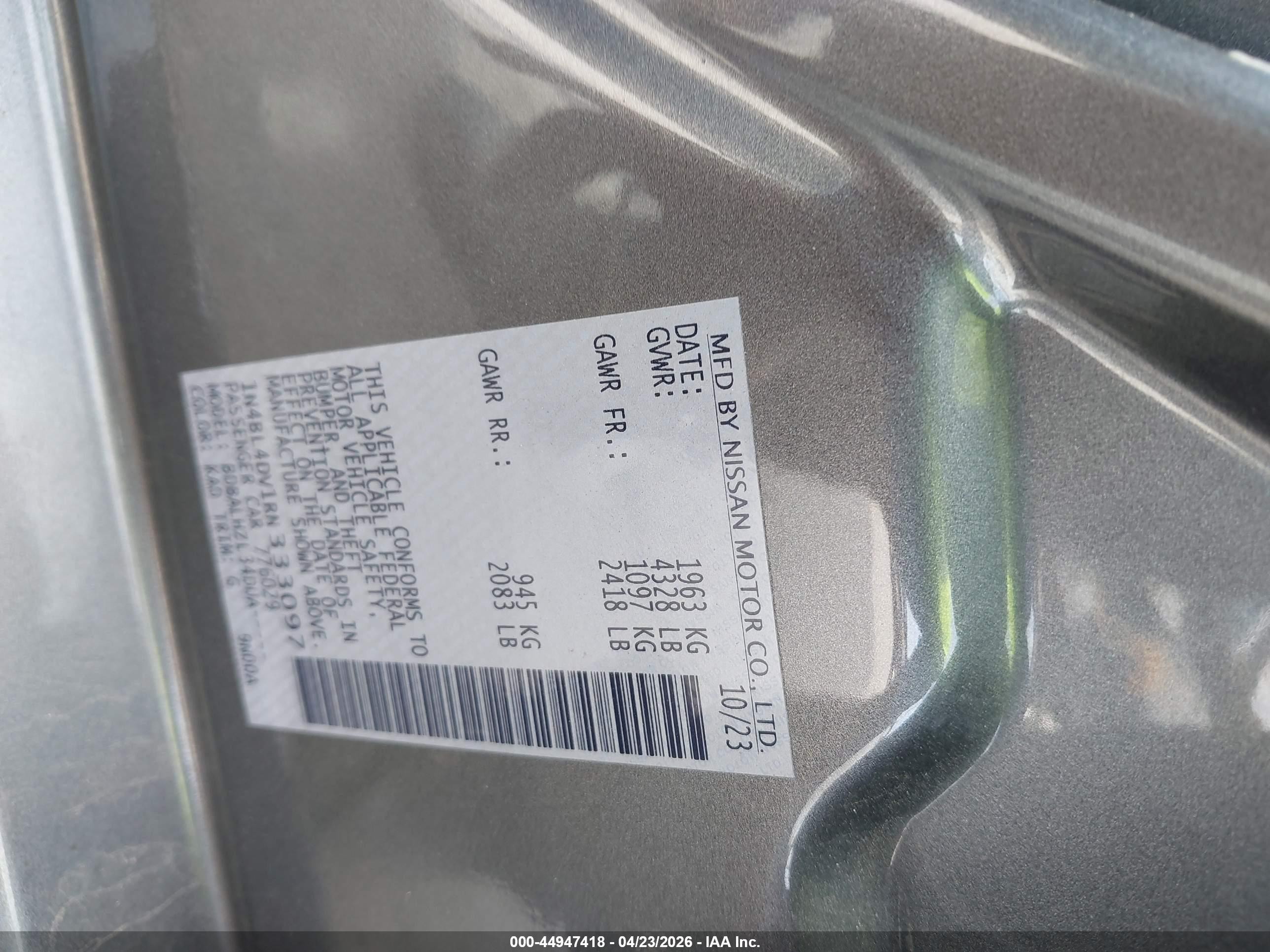 2024 Nissan Altima Sv Fwd Серый vin: 1N4BL4DV1RN333097