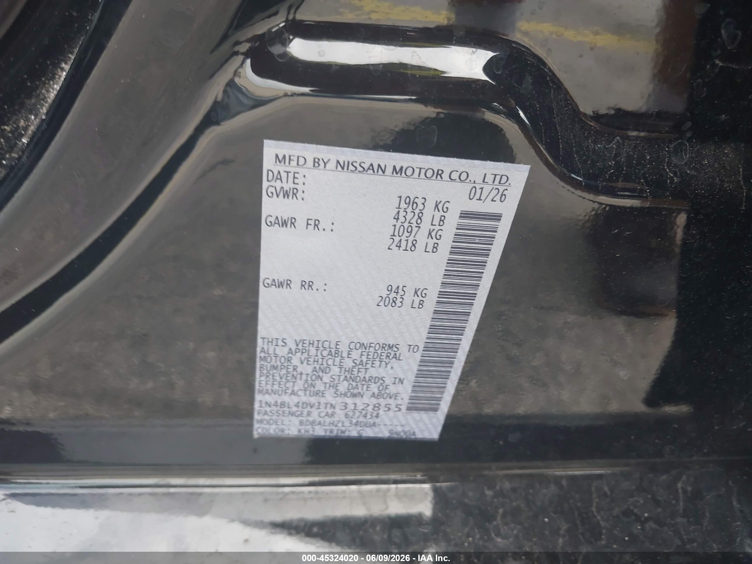 2026 Nissan Altima Sv Fwd Black vin: 1N4BL4DV1TN312855