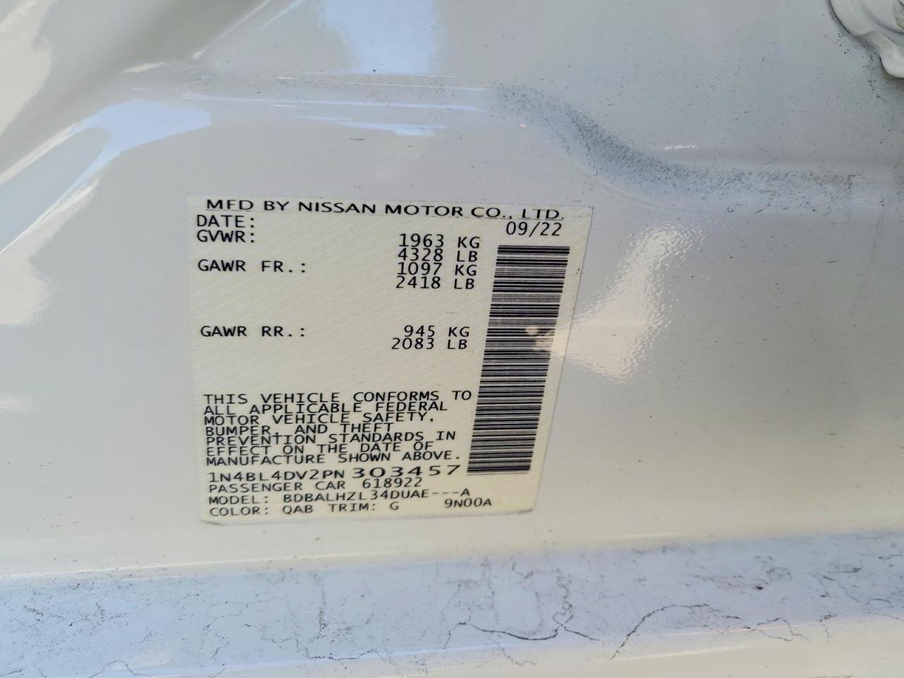 2023 Nissan Altima Sv White vin: 1N4BL4DV2PN303457