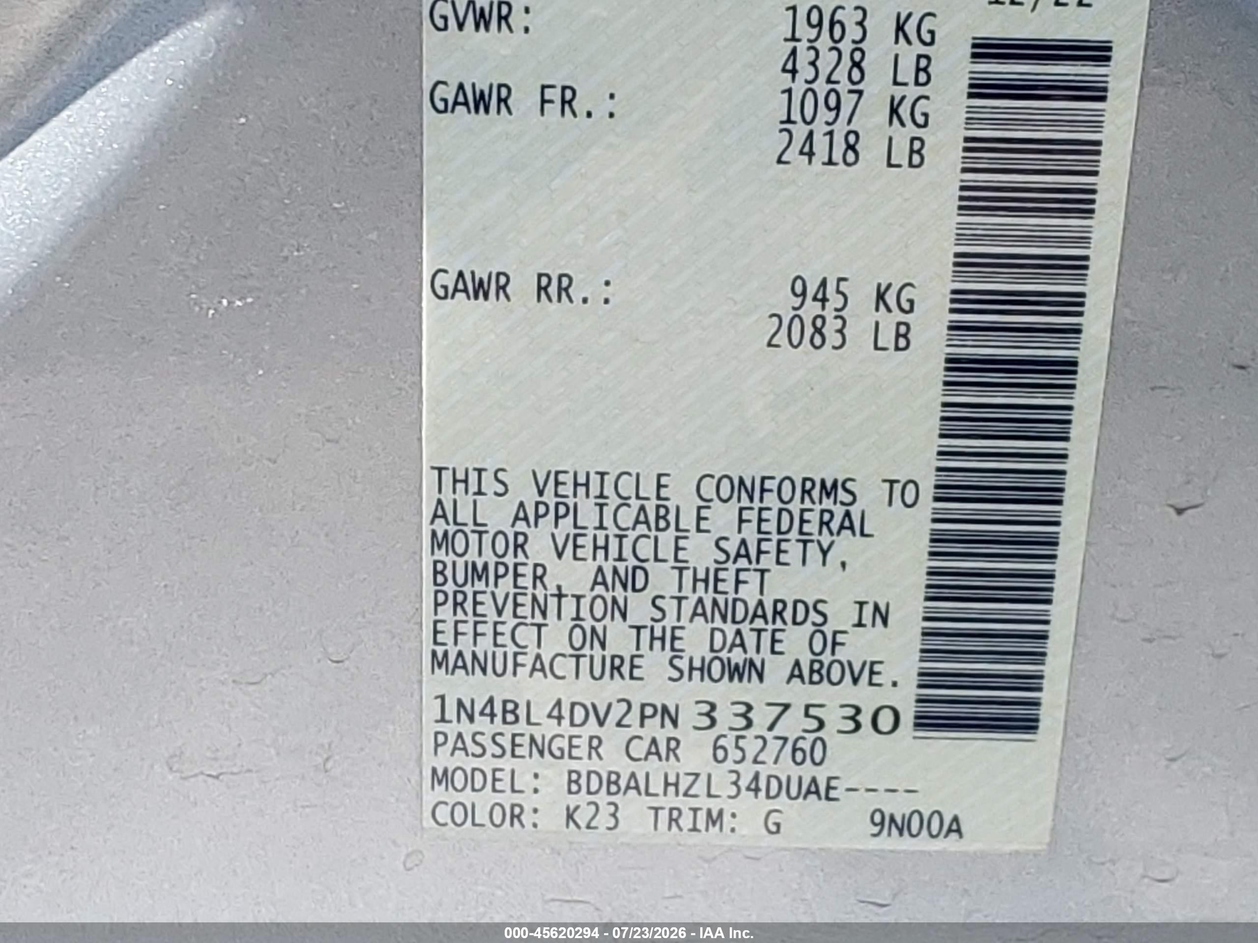 2023 Nissan Altima Sv Fwd Silver vin: 1N4BL4DV2PN337530