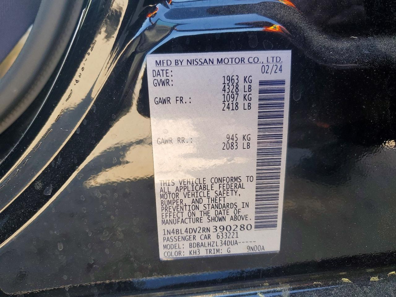 2024 Nissan Altima Sv Black vin: 1N4BL4DV2RN390280
