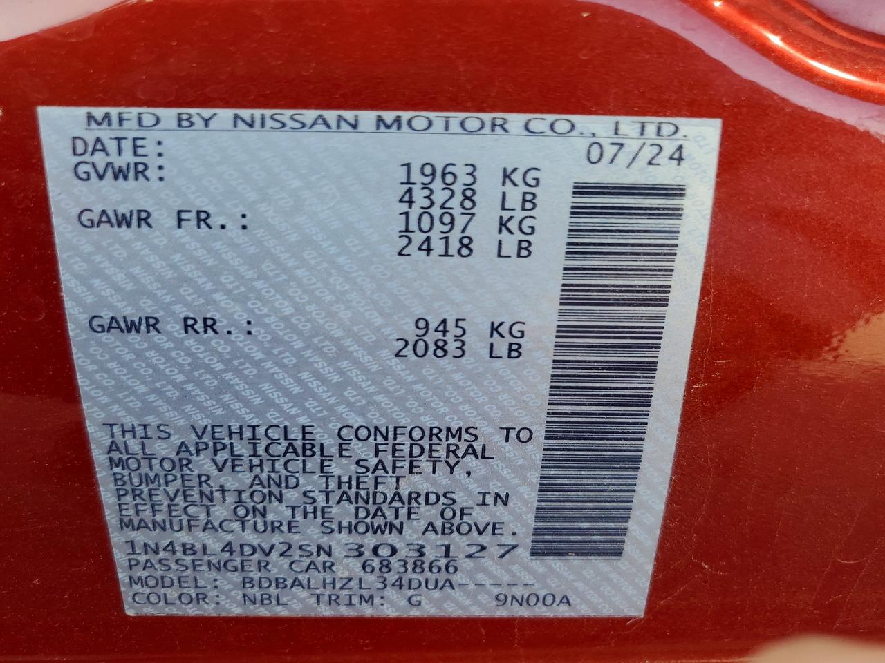 2025 Nissan Altima Sv Maroon vin: 1N4BL4DV2SN303127