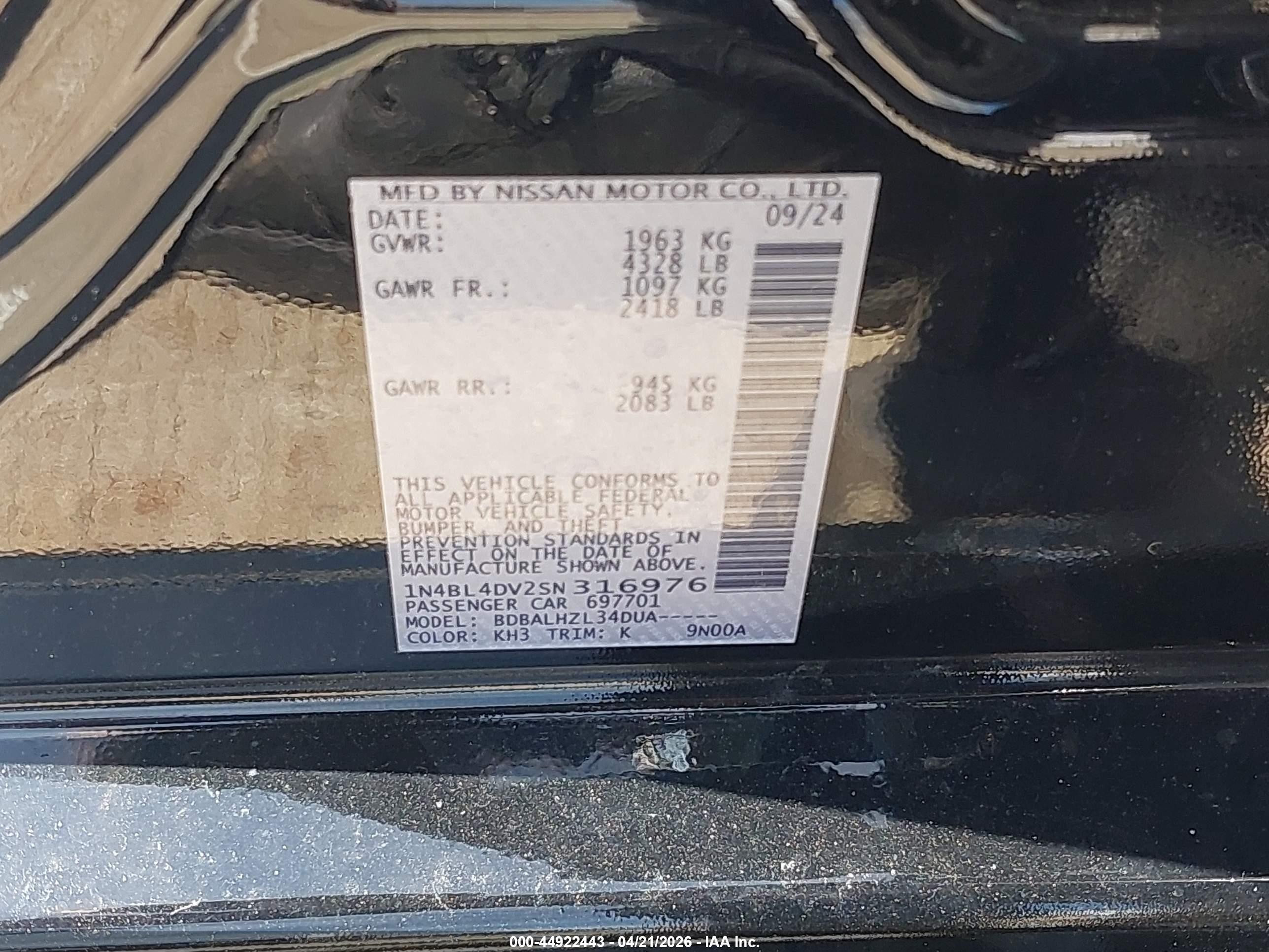 2025 Nissan Altima Sv Fwd Black vin: 1N4BL4DV2SN316976