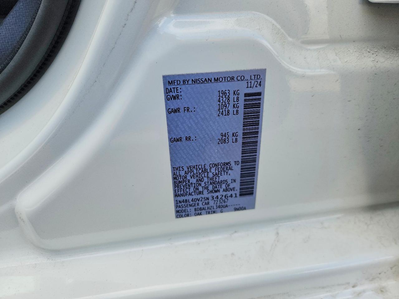 2025 Nissan Altima Sv White vin: 1N4BL4DV2SN342641