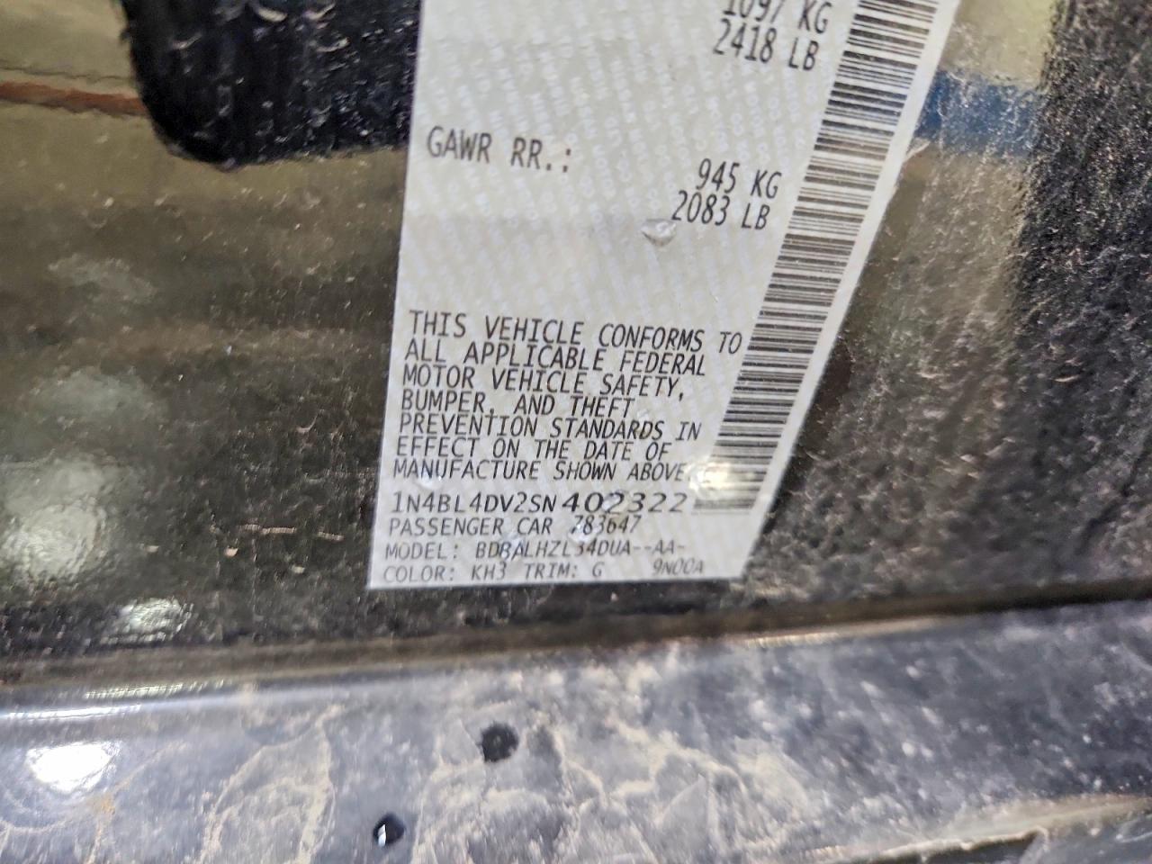 2025 Nissan Altima Sv Black vin: 1N4BL4DV2SN402322
