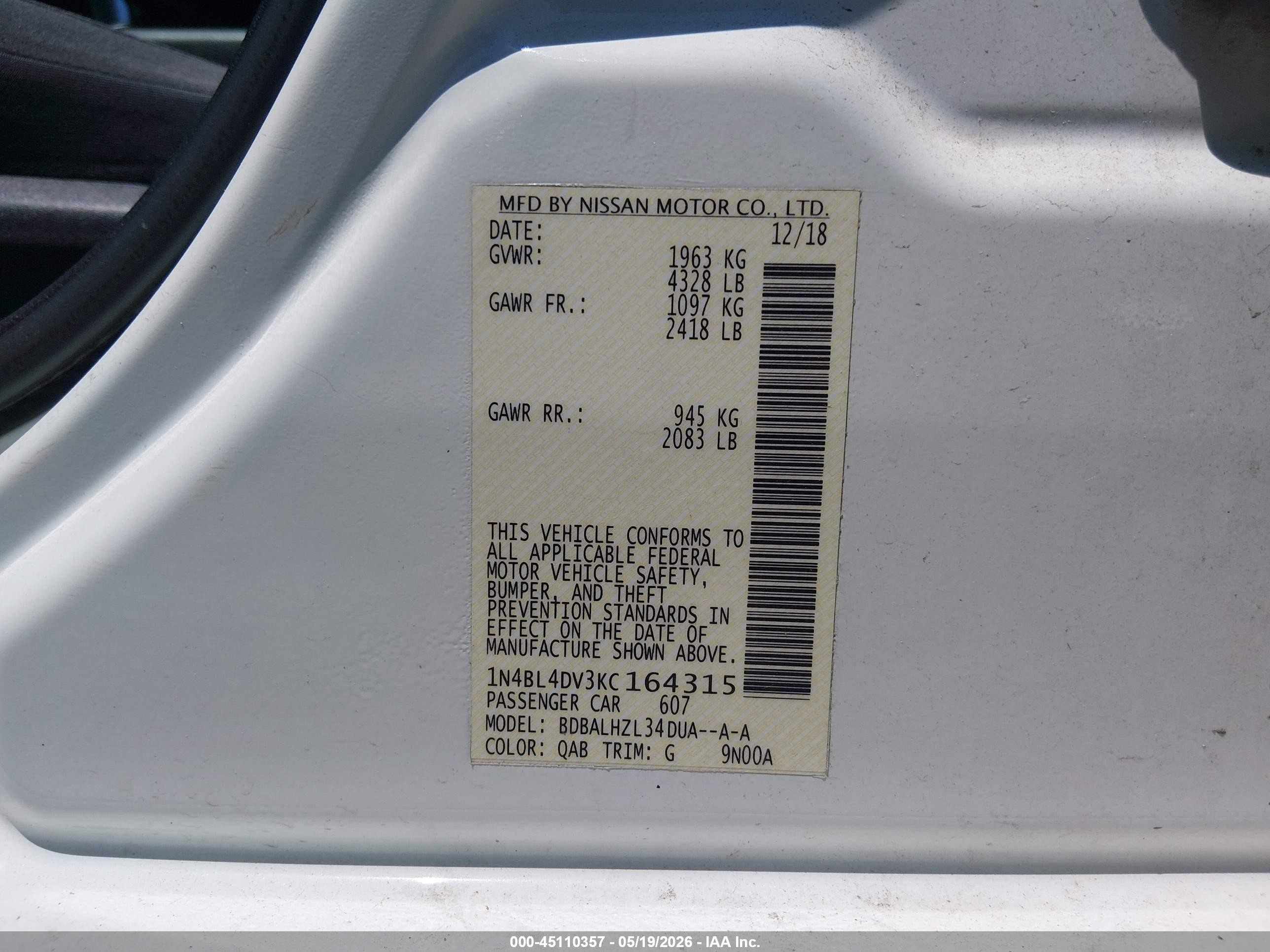 2019 Nissan Altima 2.5 Sv Белый vin: 1N4BL4DV3KC164315