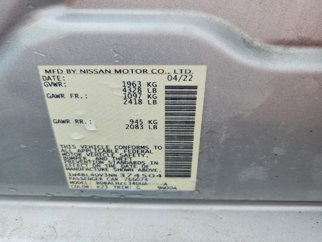 2022 Nissan Altima Sv Silver vin: 1N4BL4DV3NN374504
