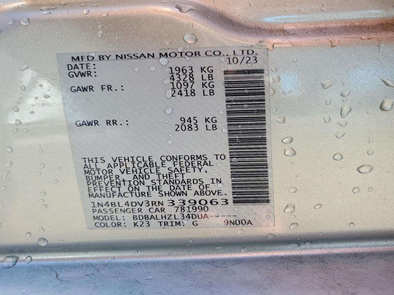 2024 Nissan Altima Sv Silver vin: 1N4BL4DV3RN339063