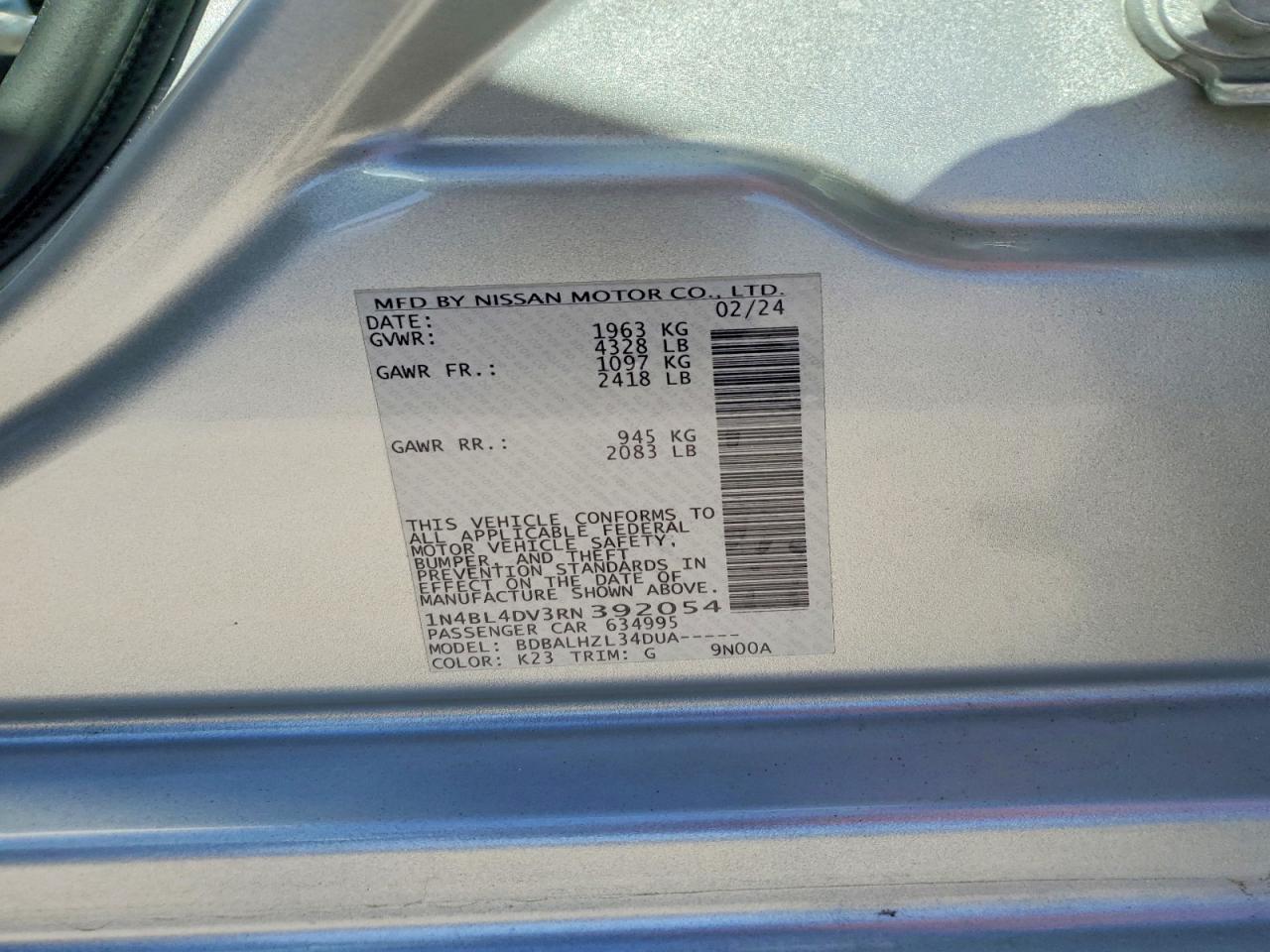 2024 Nissan Altima Sv Silver vin: 1N4BL4DV3RN392054