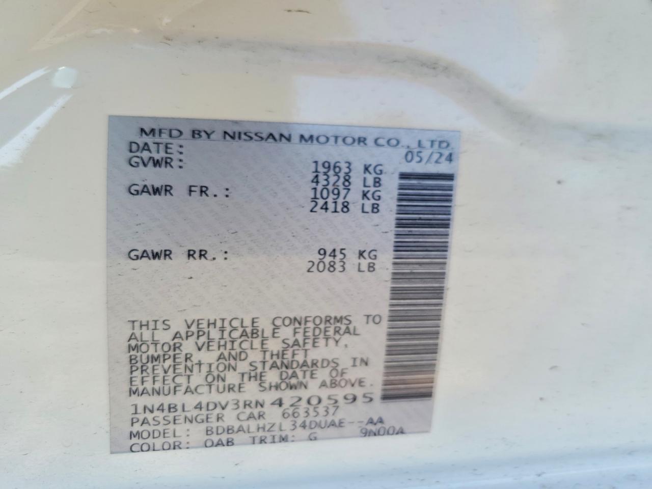 2024 Nissan Altima Sv White vin: 1N4BL4DV3RN420595