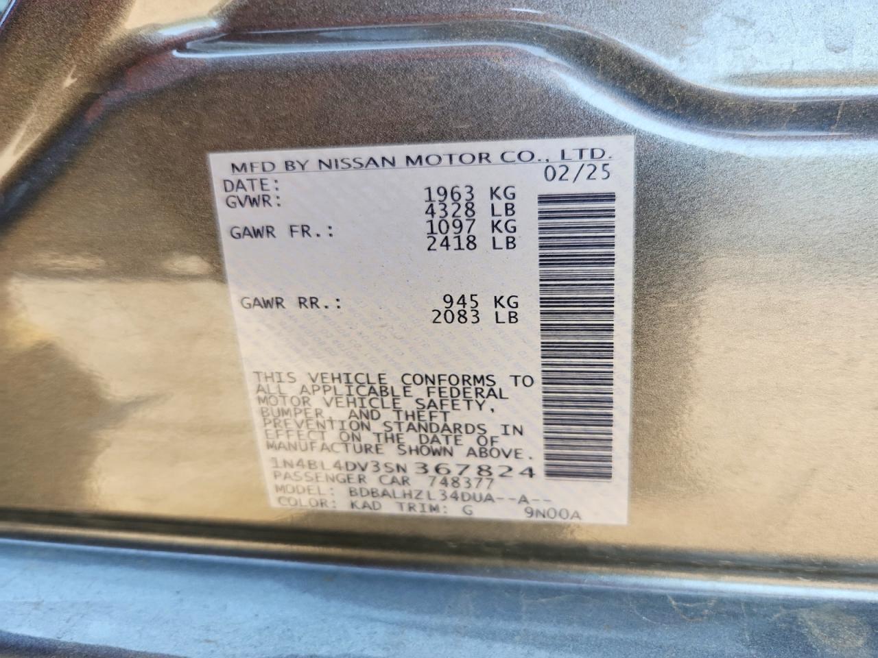 2025 Nissan Altima Sv Gray vin: 1N4BL4DV3SN367824