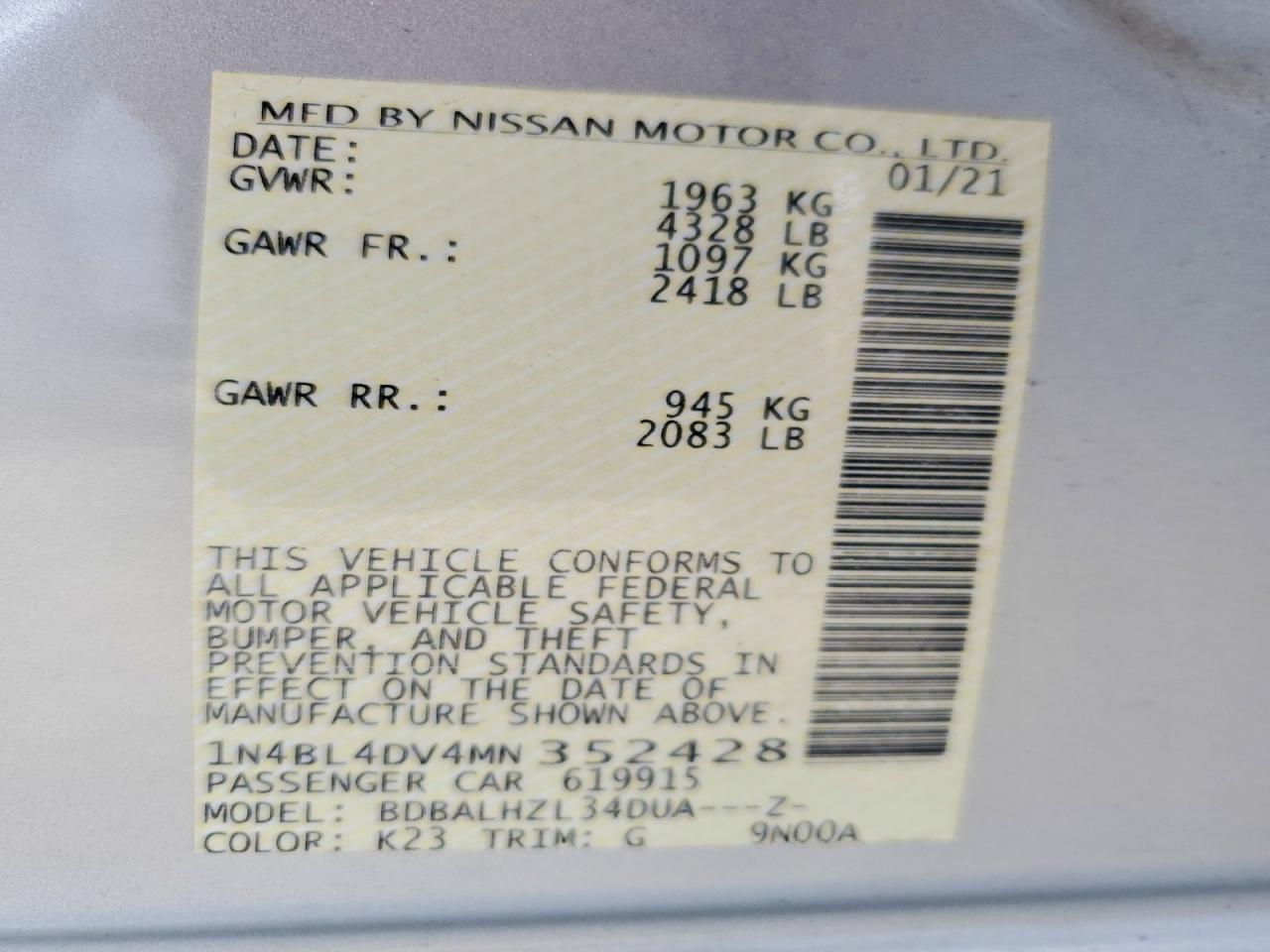 2021 Nissan Altima Sv Silver vin: 1N4BL4DV4MN352428