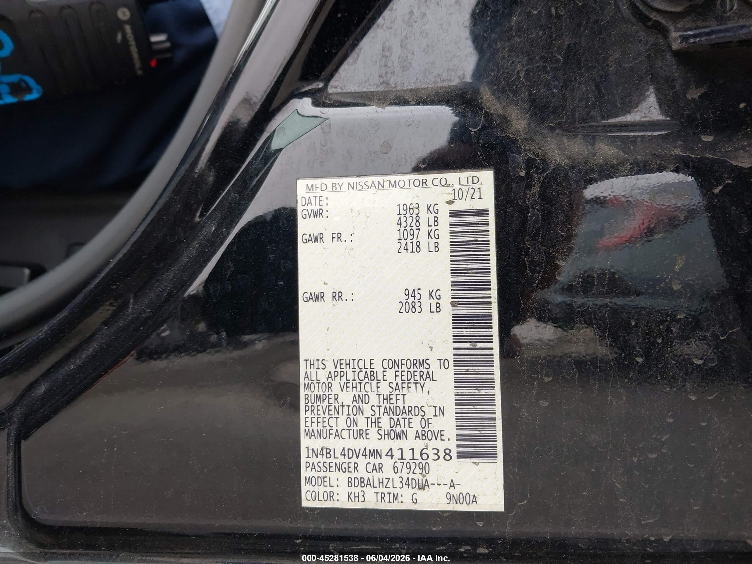2021 Nissan Altima Sv Fwd Black vin: 1N4BL4DV4MN411638