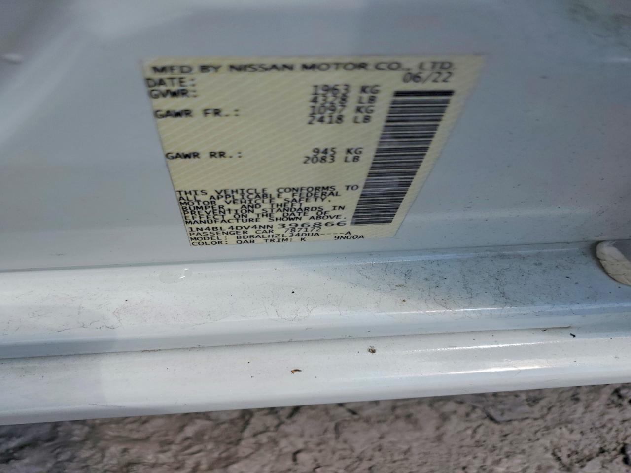 2022 Nissan Altima Sv White vin: 1N4BL4DV4NN396866