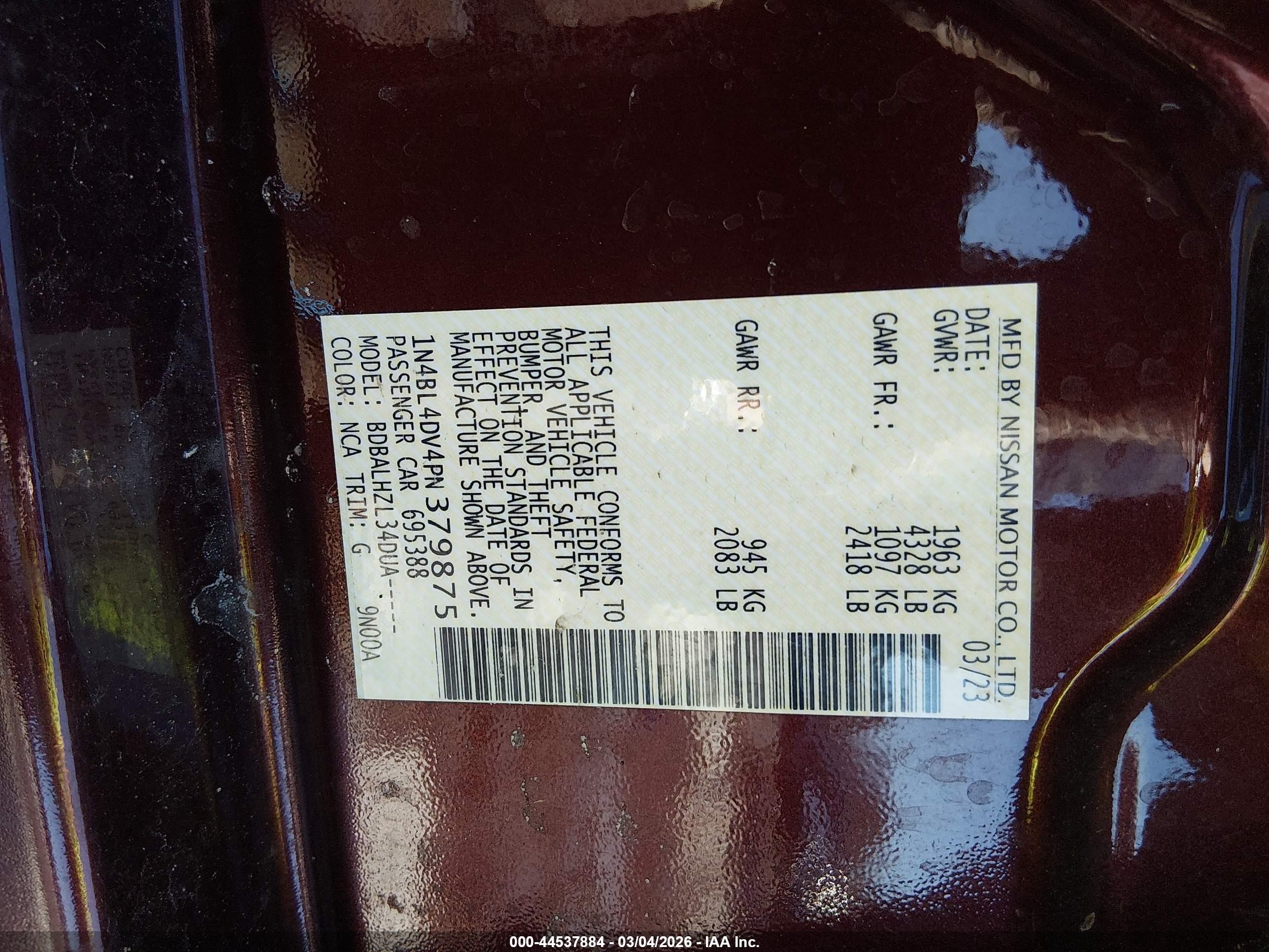 2023 Nissan Altima Sv Fwd Maroon vin: 1N4BL4DV4PN379875