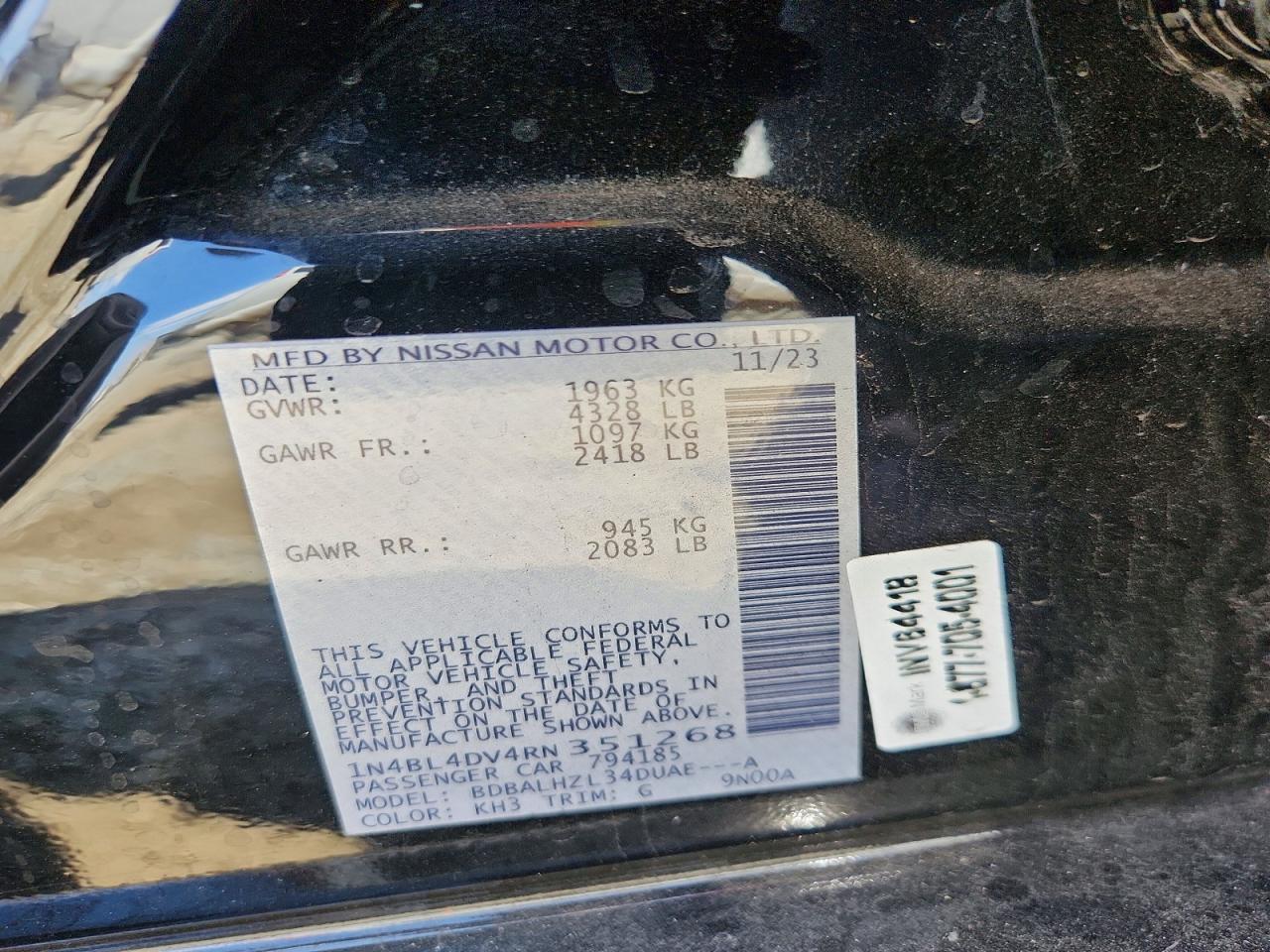 2024 Nissan Altima Sv Black vin: 1N4BL4DV4RN351268