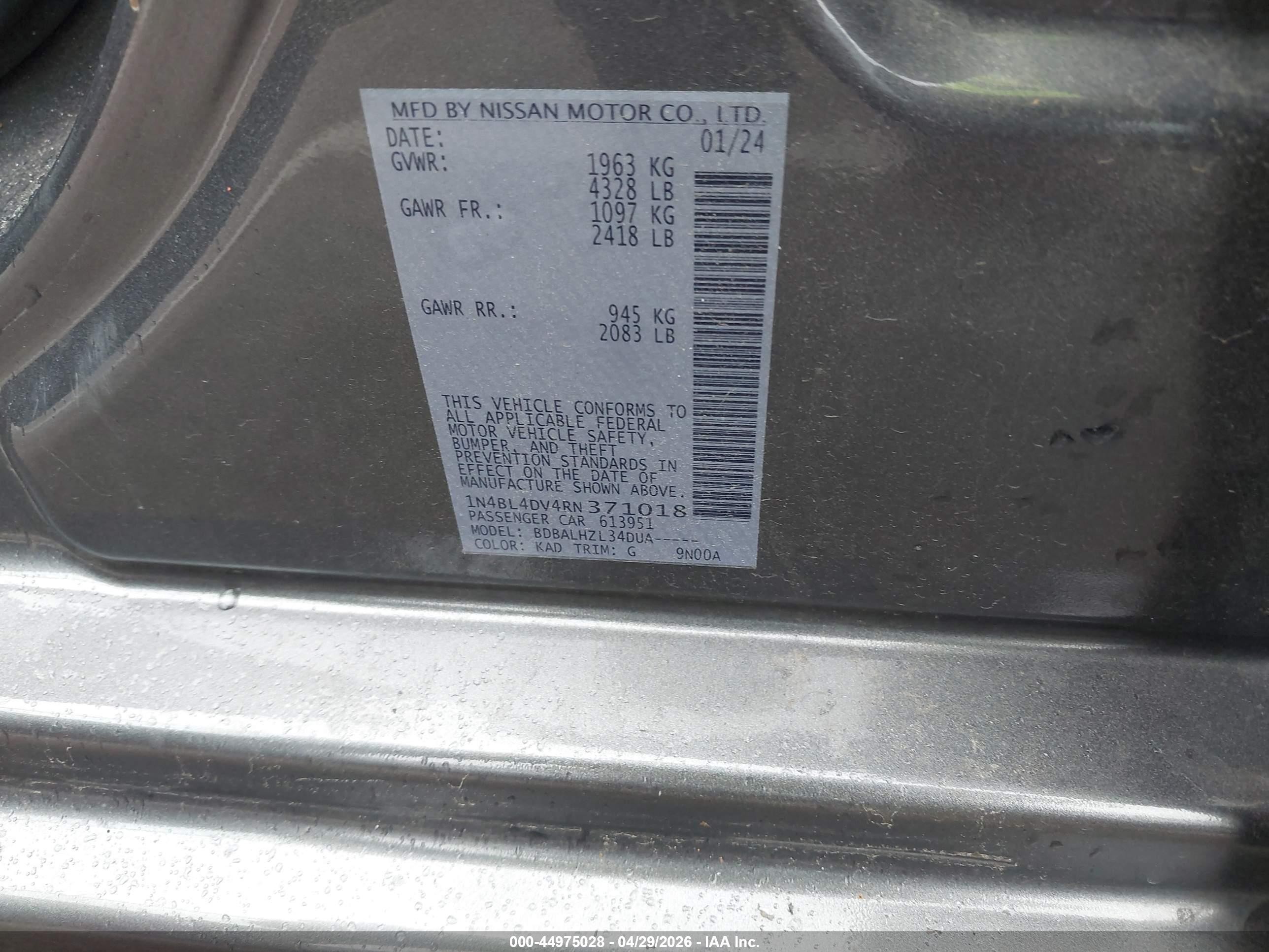 2024 Nissan Altima Sv Fwd Gray vin: 1N4BL4DV4RN371018