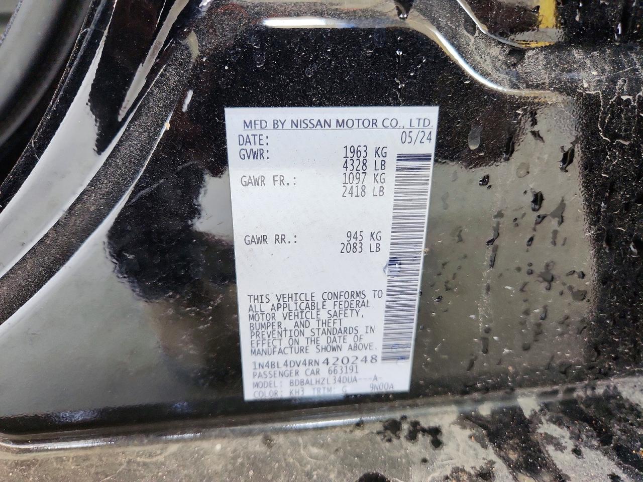 2024 Nissan Altima Sv Black vin: 1N4BL4DV4RN420248