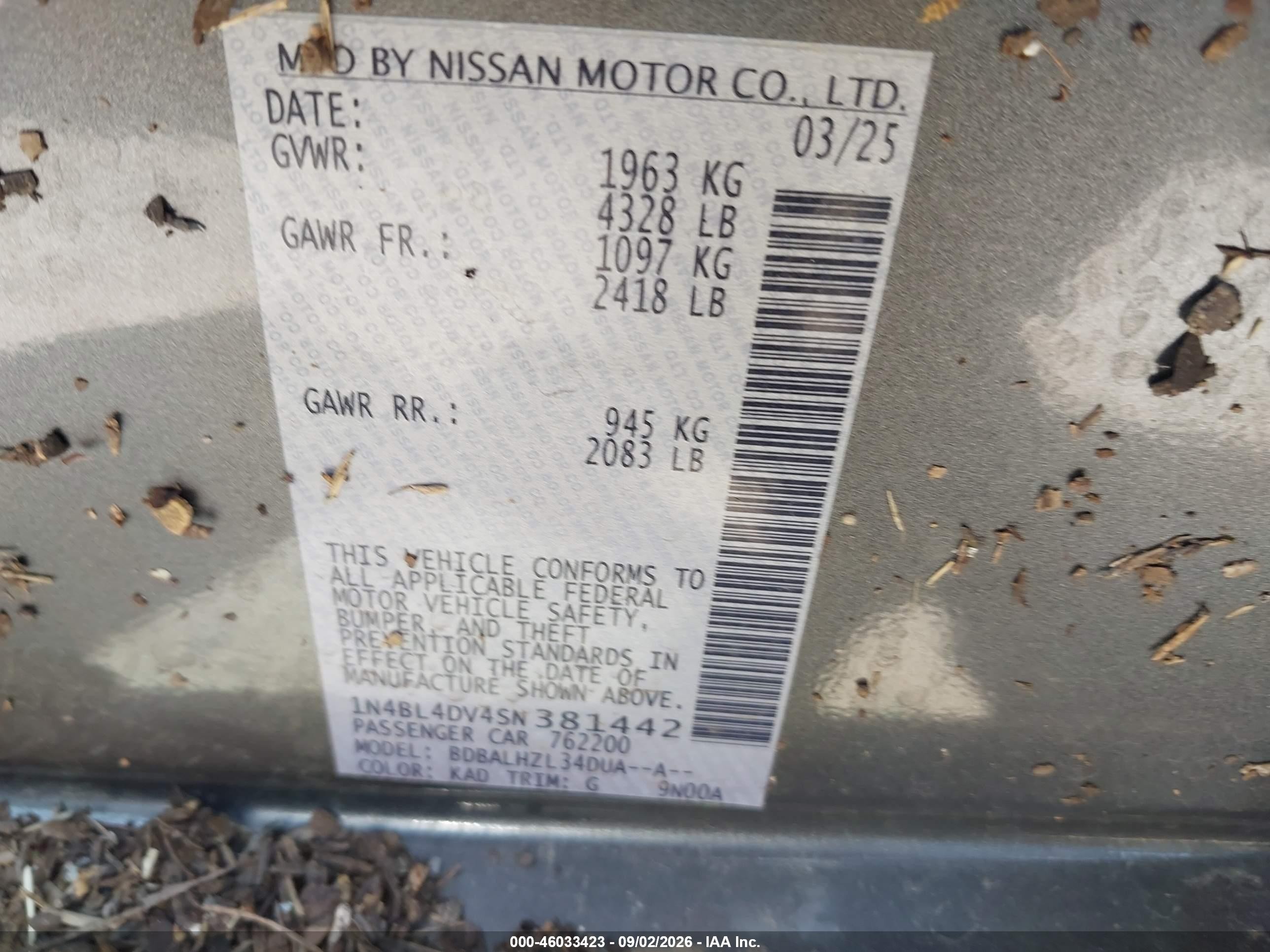 2025 Nissan Altima Sv Fwd Gray vin: 1N4BL4DV4SN381442