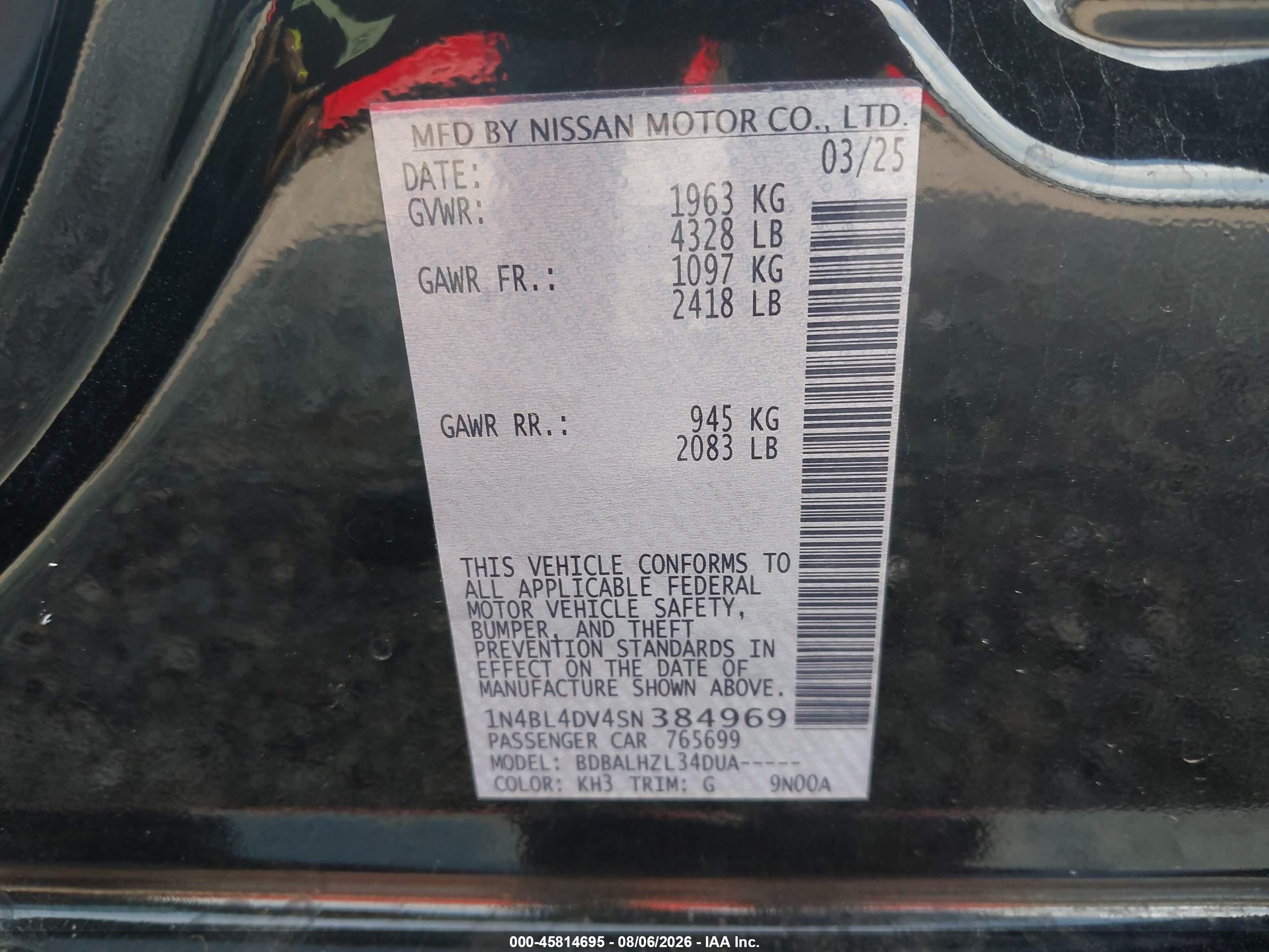 2025 Nissan Altima Sv Fwd Black vin: 1N4BL4DV4SN384969