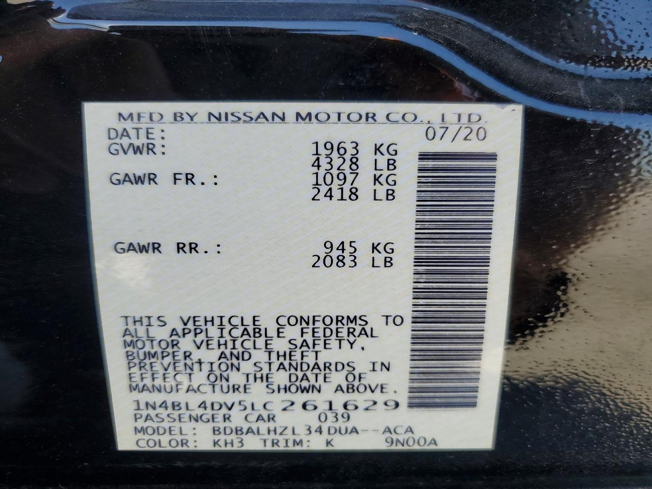 2020 Nissan Altima Sv Black vin: 1N4BL4DV5LC261629