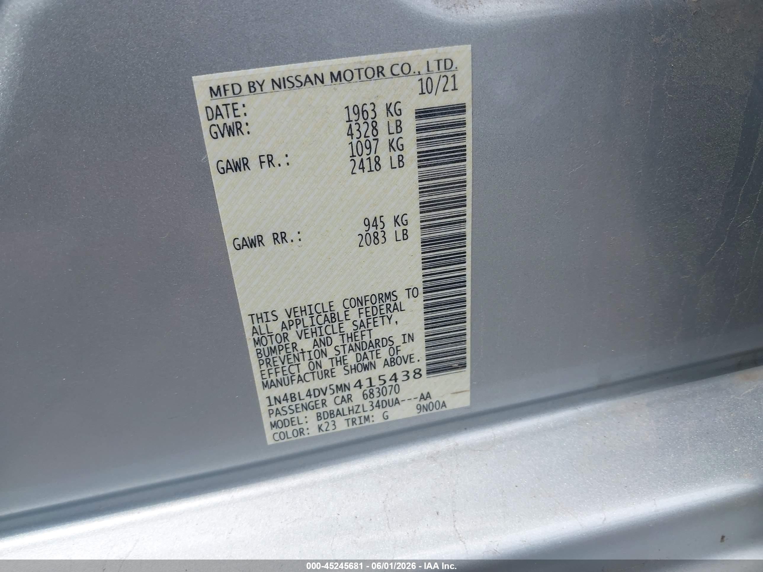 2021 Nissan Altima Sv Fwd Silver vin: 1N4BL4DV5MN415438