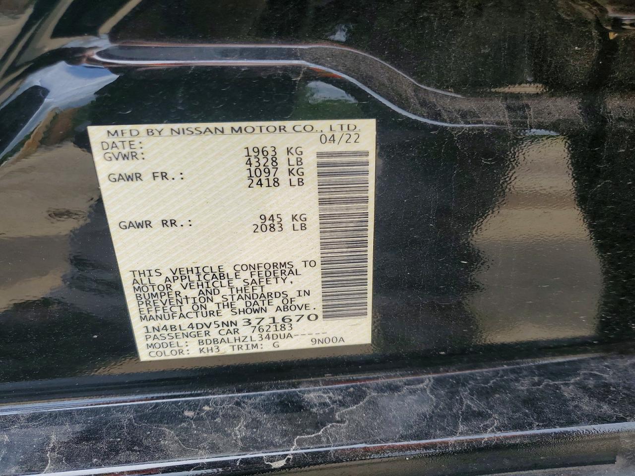 2022 Nissan Altima Sv Black vin: 1N4BL4DV5NN371670