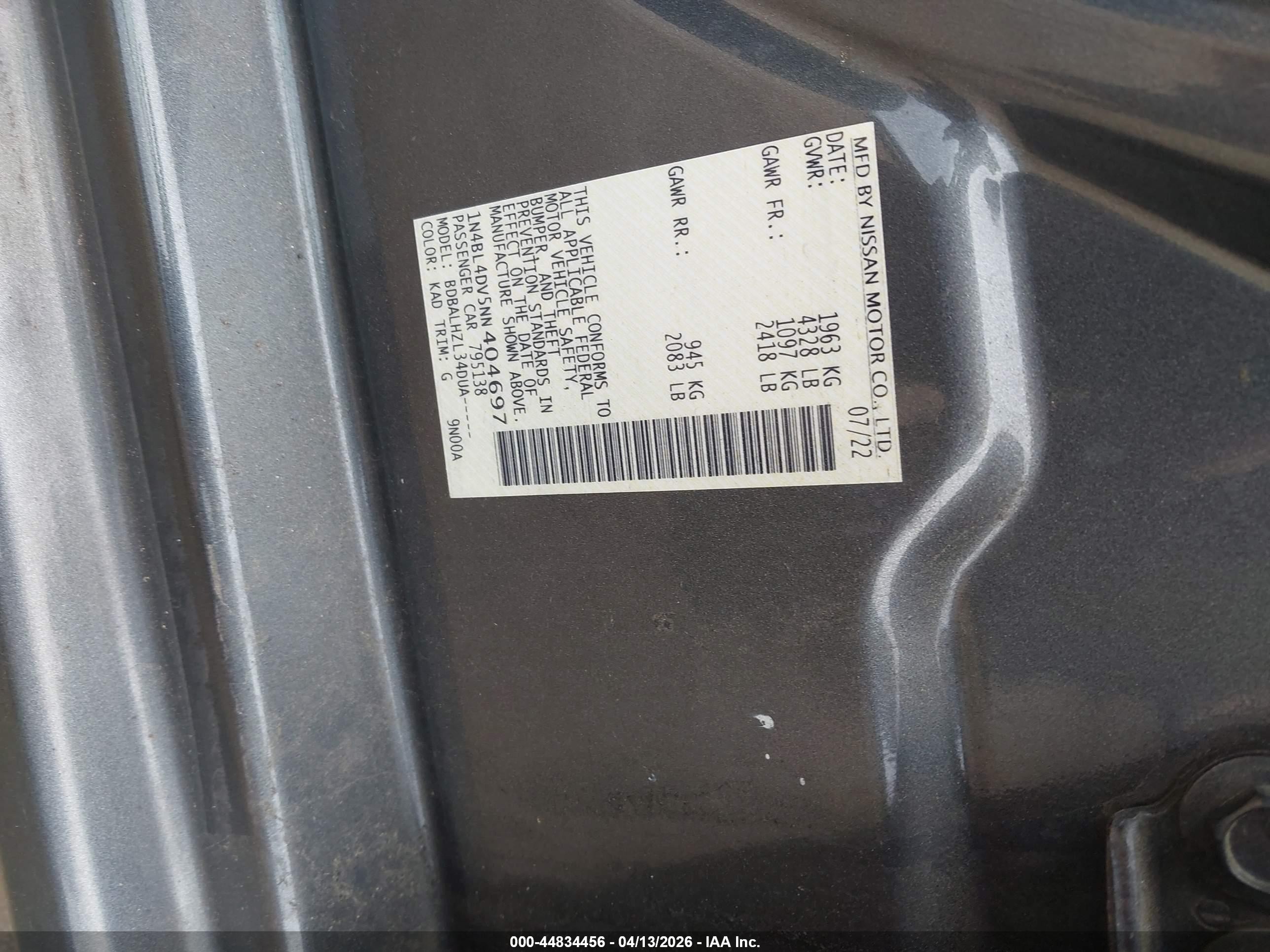 2022 Nissan Altima Sv Fwd Серый vin: 1N4BL4DV5NN404697