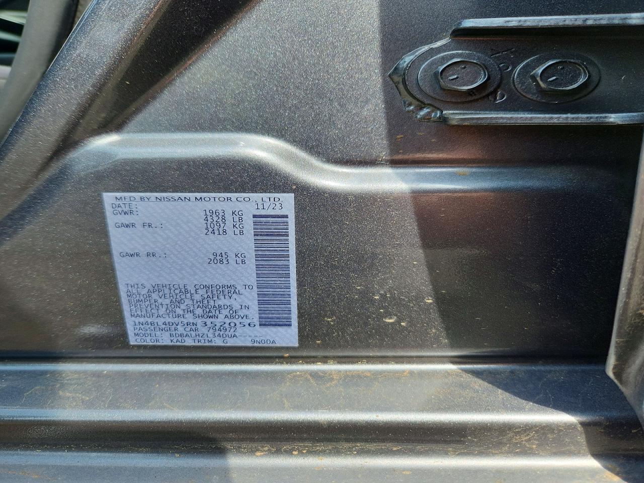 2024 Nissan Altima Sv Gray vin: 1N4BL4DV5RN352056