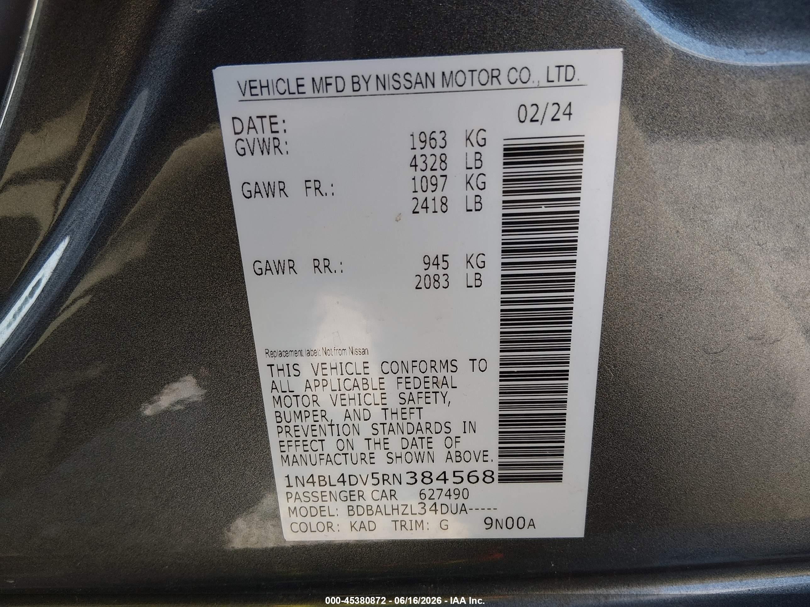 2024 Nissan Altima Sv Fwd Silver vin: 1N4BL4DV5RN384568