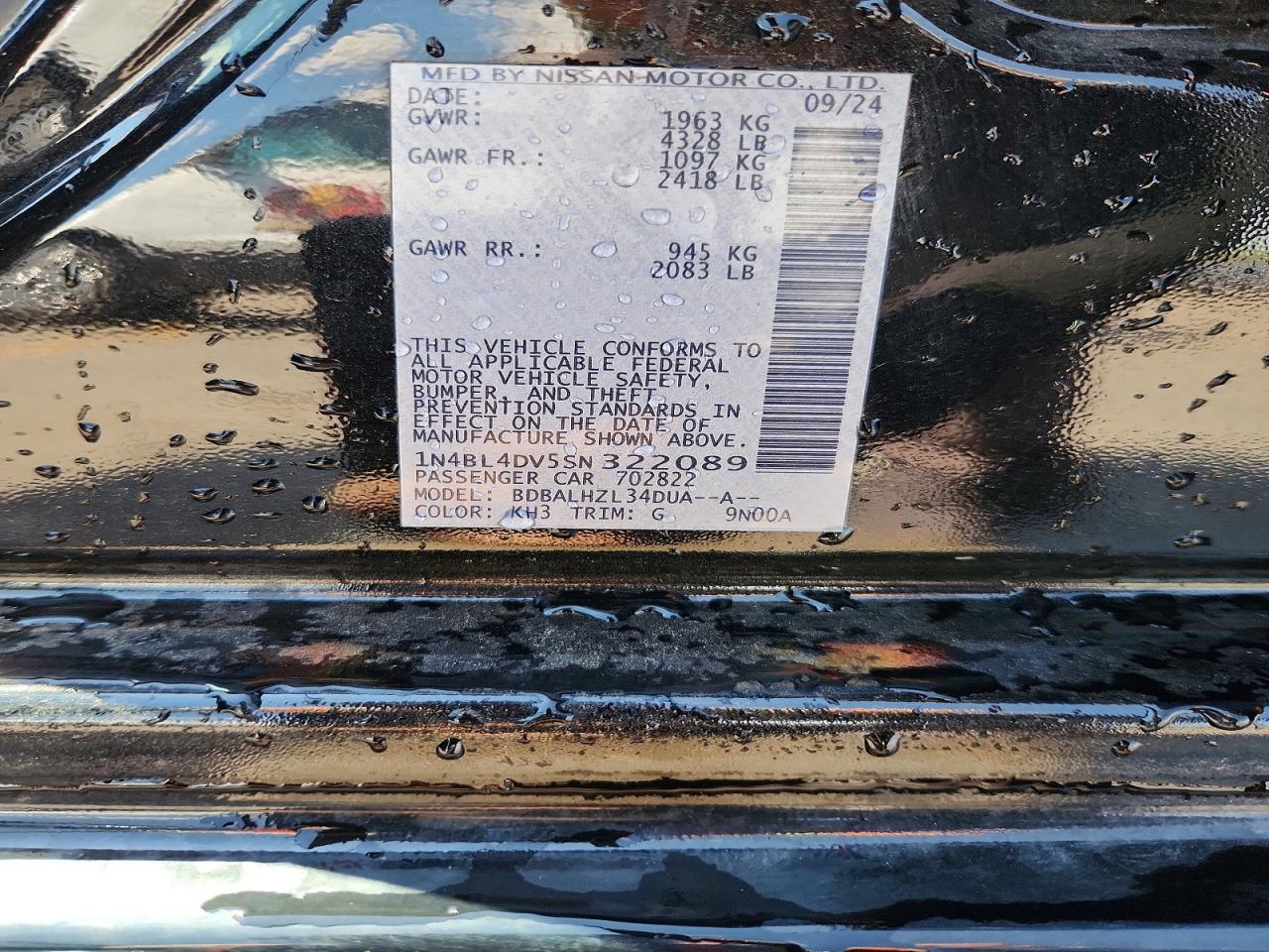 2025 Nissan Altima Sv Black vin: 1N4BL4DV5SN322089