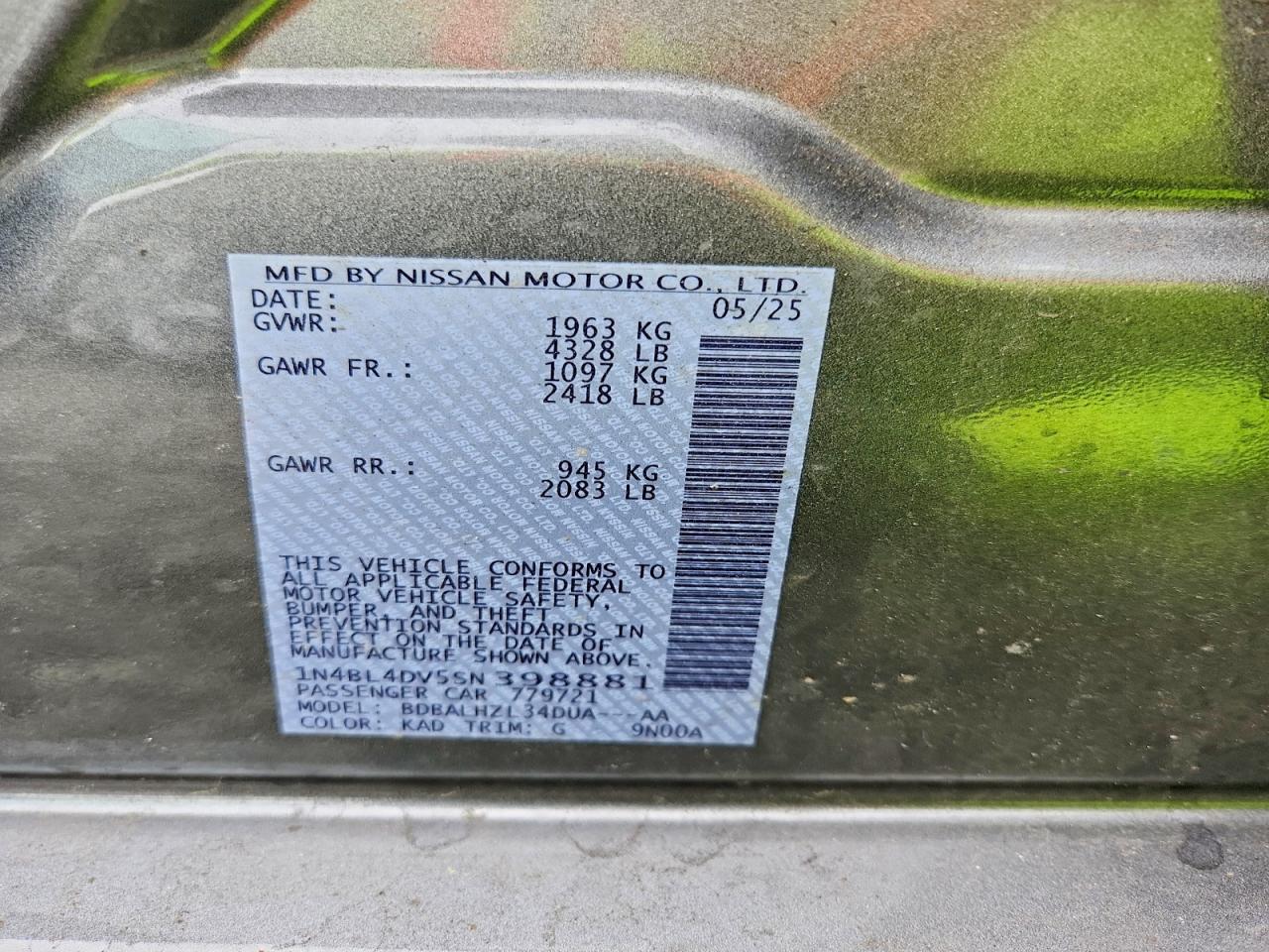2025 Nissan Altima Sv Charcoal vin: 1N4BL4DV5SN398881