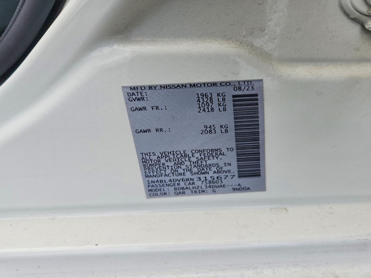 2024 Nissan Altima 2.5 Sv White vin: 1N4BL4DV6RN315677