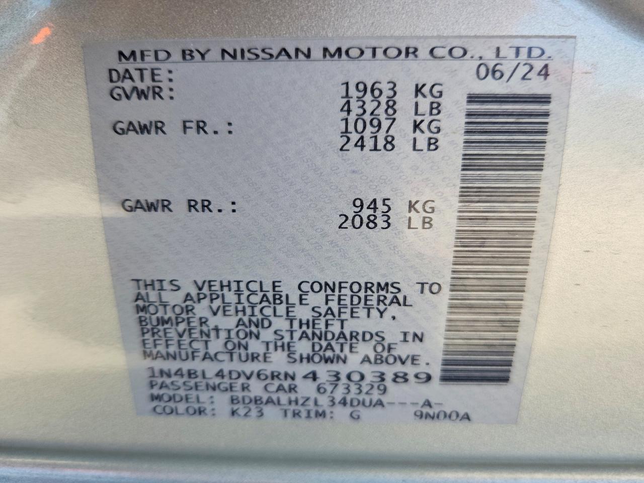 2024 Nissan Altima Sv Silver vin: 1N4BL4DV6RN430389