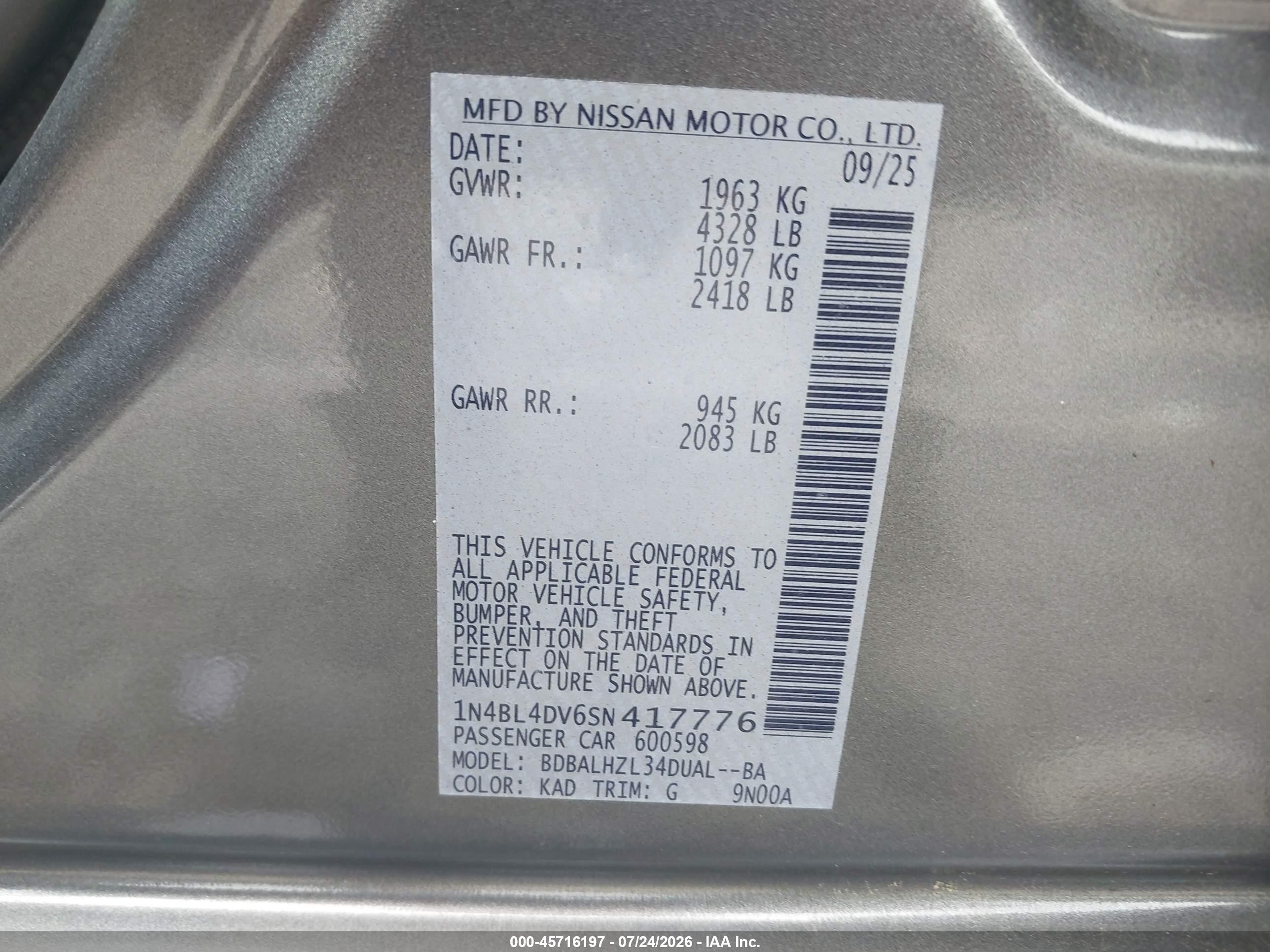 2025 Nissan Altima Sv Fwd Gray vin: 1N4BL4DV6SN417776