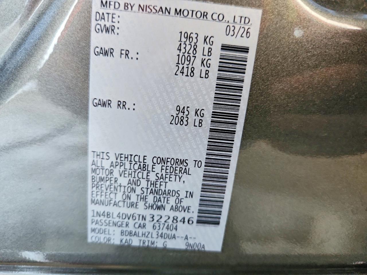 2026 Nissan Altima Sv Серый vin: 1N4BL4DV6TN322846