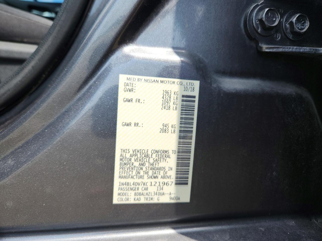 2019 Nissan Altima Sv Gray vin: 1N4BL4DV7KC121967