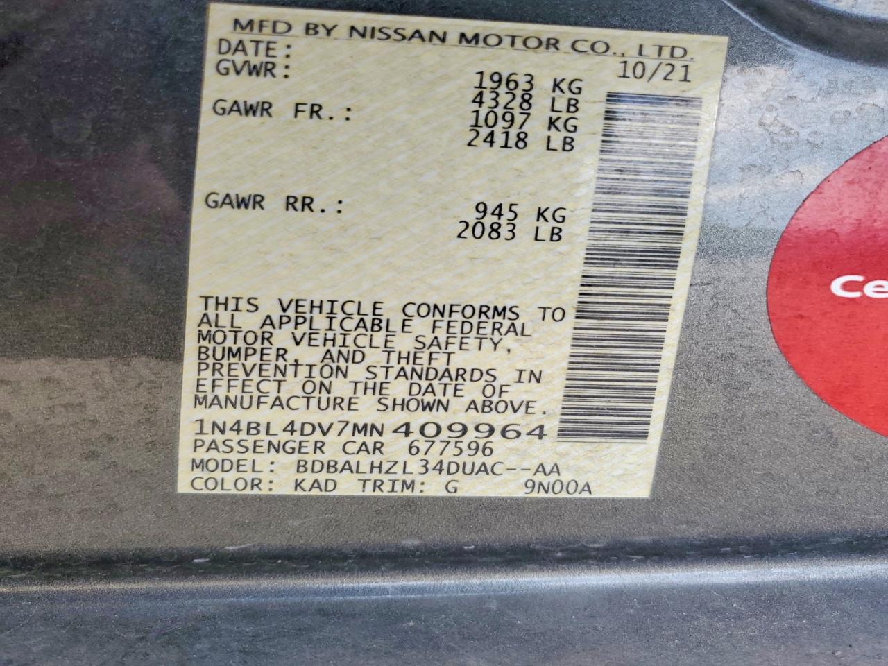 2021 Nissan Altima Sv Charcoal vin: 1N4BL4DV7MN409964