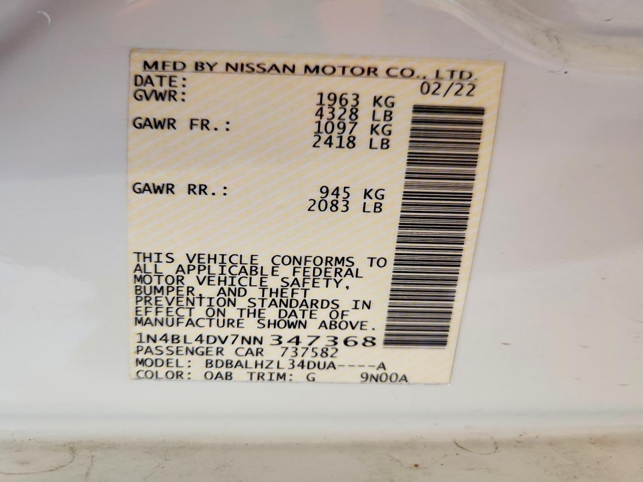 2022 Nissan Altima Sv White vin: 1N4BL4DV7NN347368