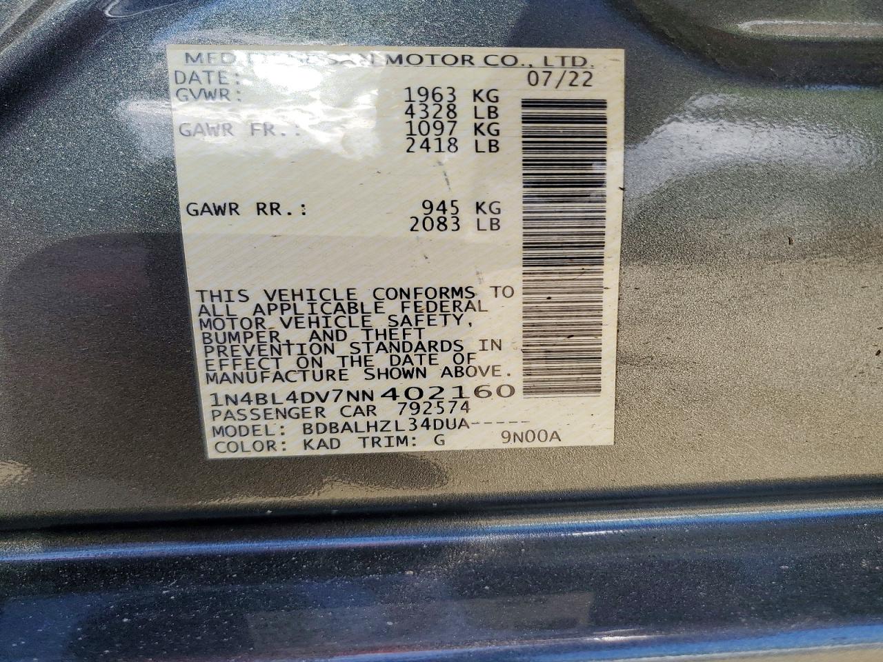 2022 Nissan Altima Sv Gray vin: 1N4BL4DV7NN402160