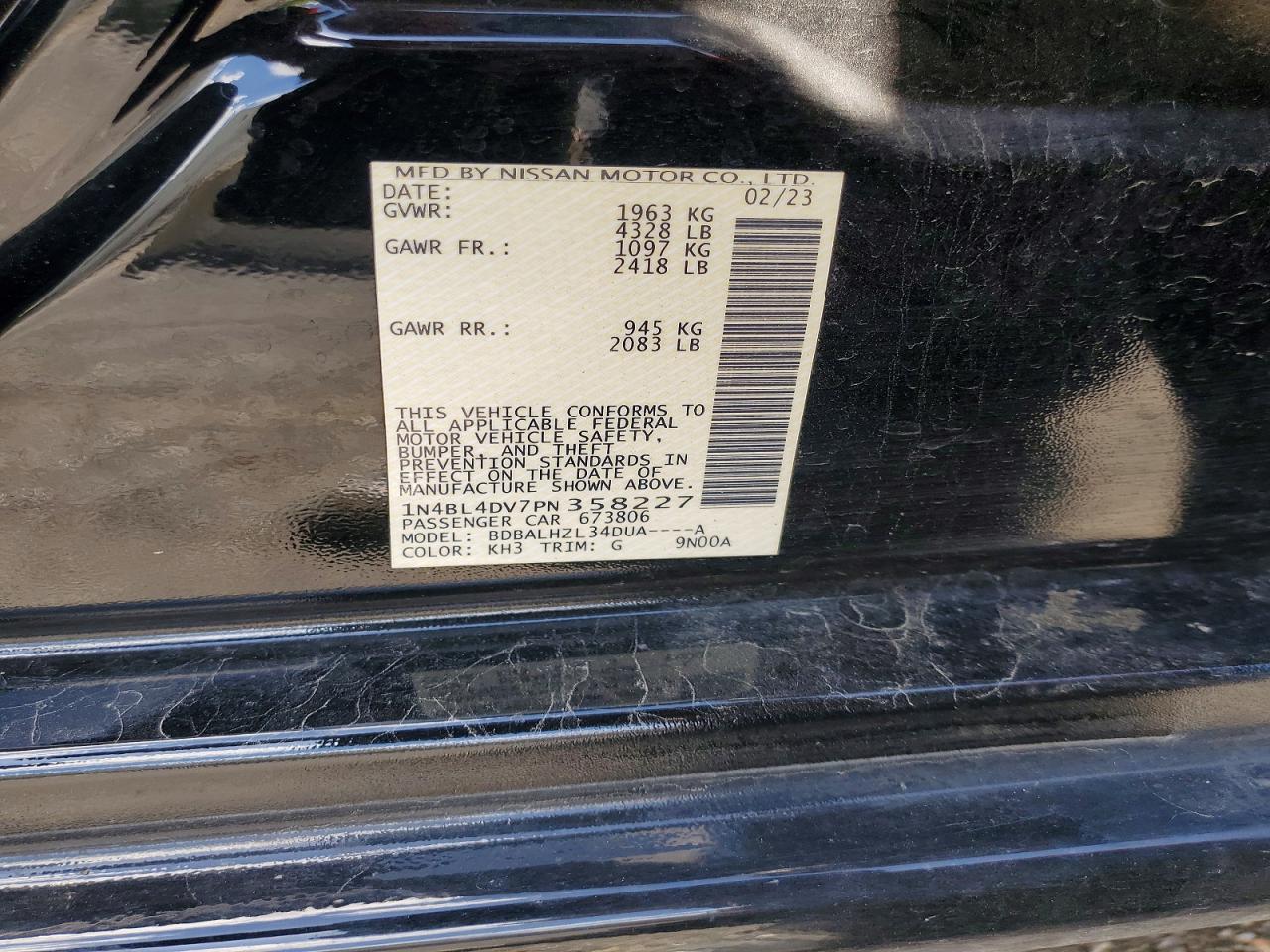 2023 Nissan Altima Sv Black vin: 1N4BL4DV7PN358227