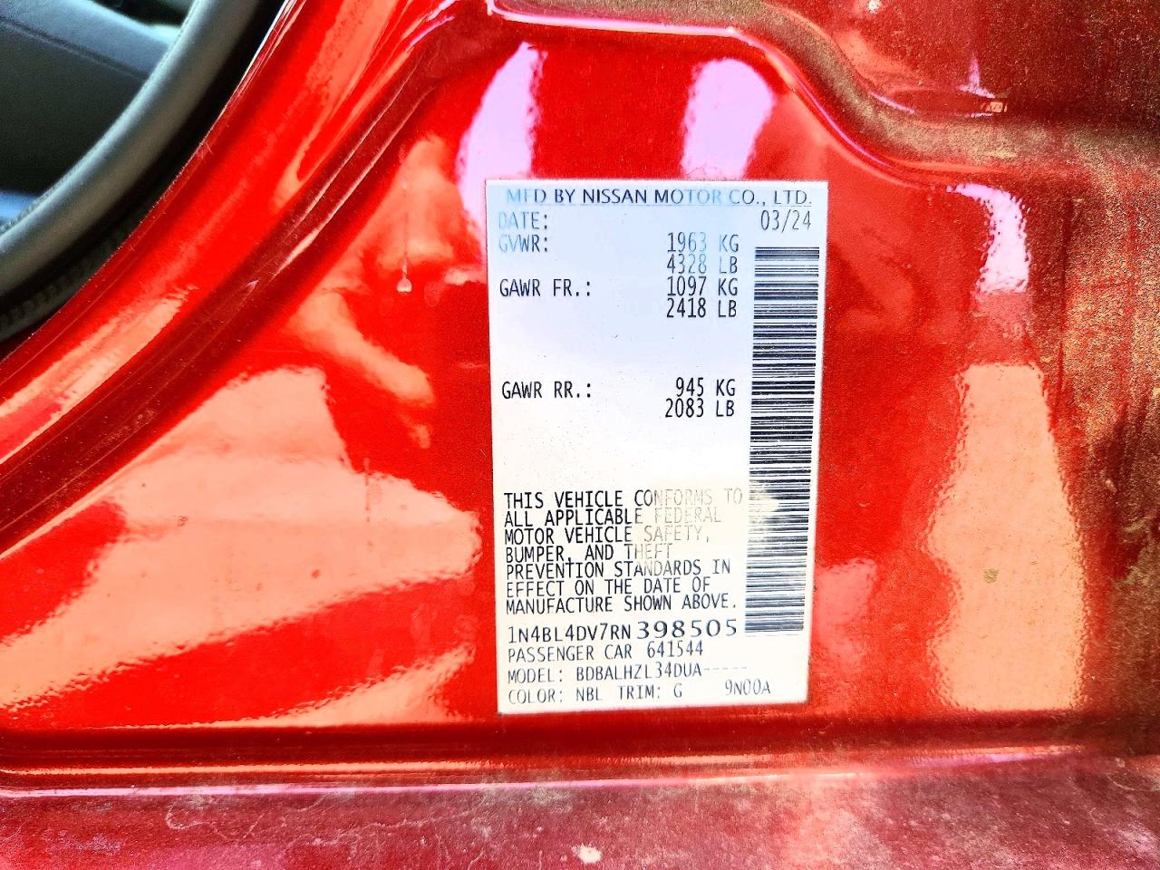 2024 Nissan Altima Sv Red vin: 1N4BL4DV7RN398505