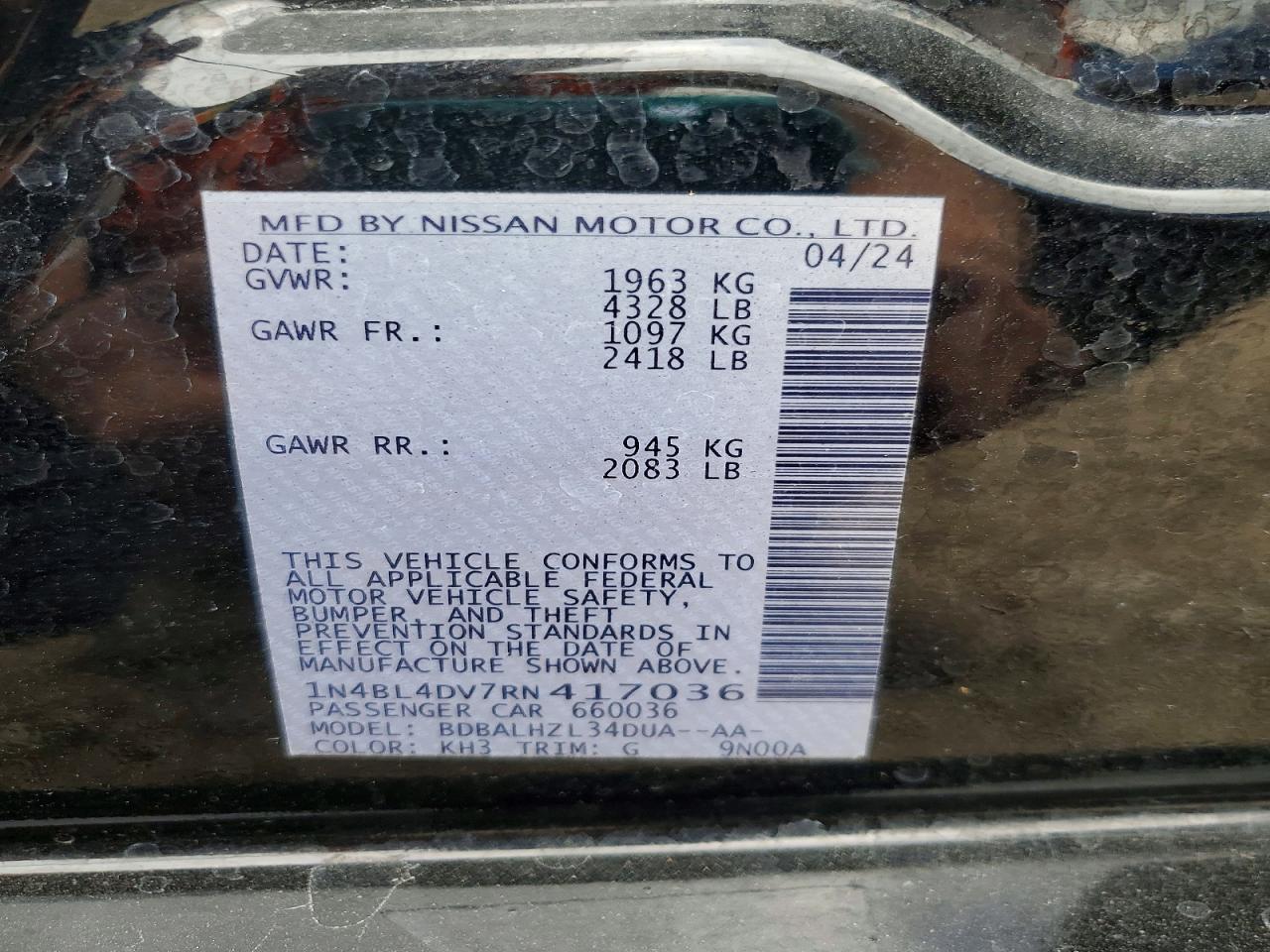 2024 Nissan Altima 2.5 Sv Black vin: 1N4BL4DV7RN417036