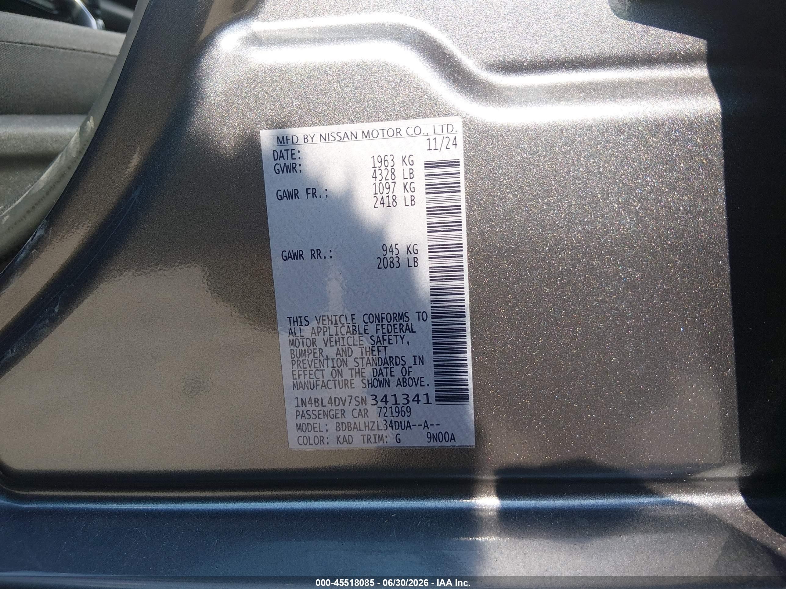 2025 Nissan Altima Sv Fwd Gray vin: 1N4BL4DV7SN341341