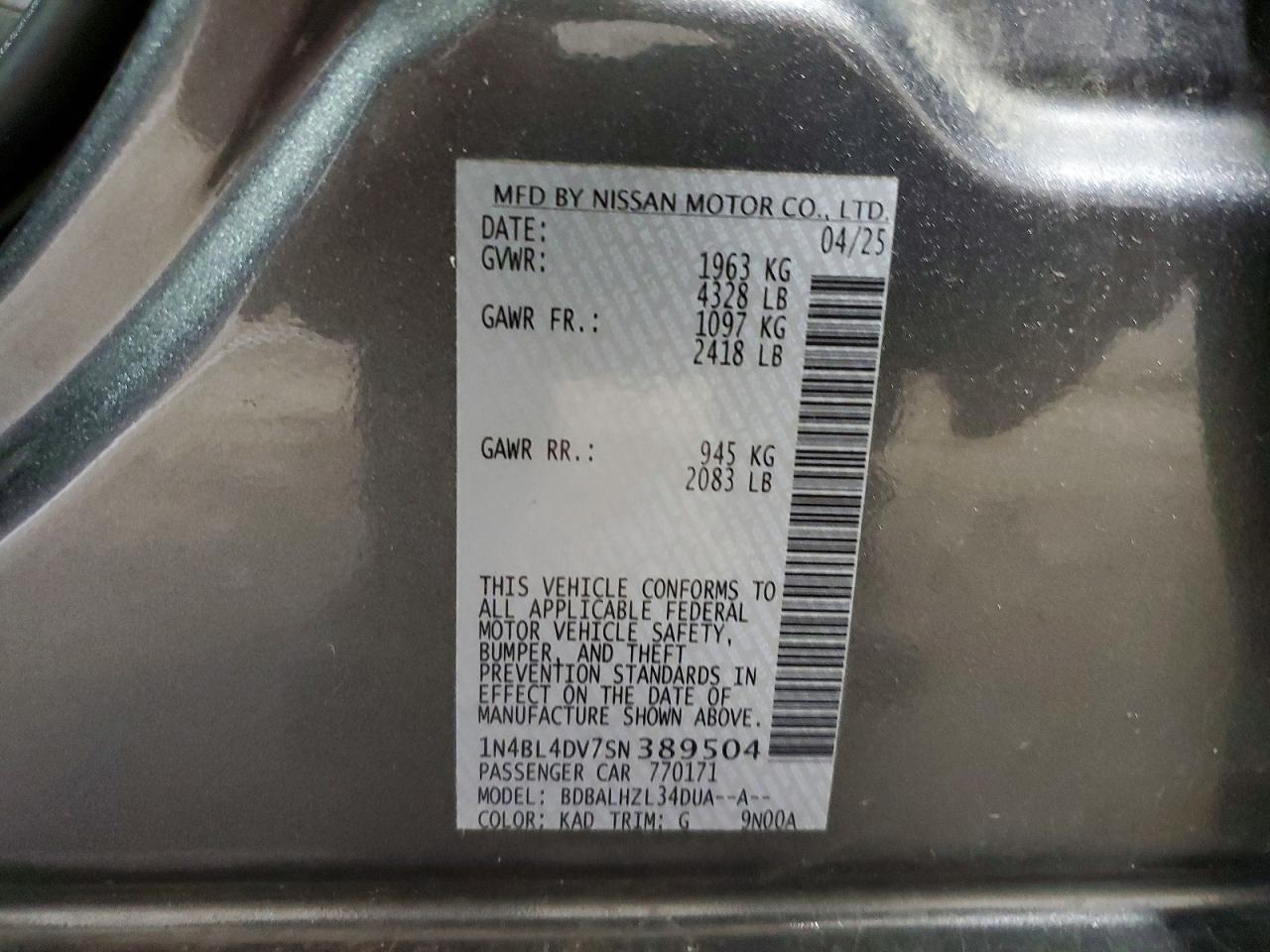 2025 Nissan Altima Sv Серый vin: 1N4BL4DV7SN389504
