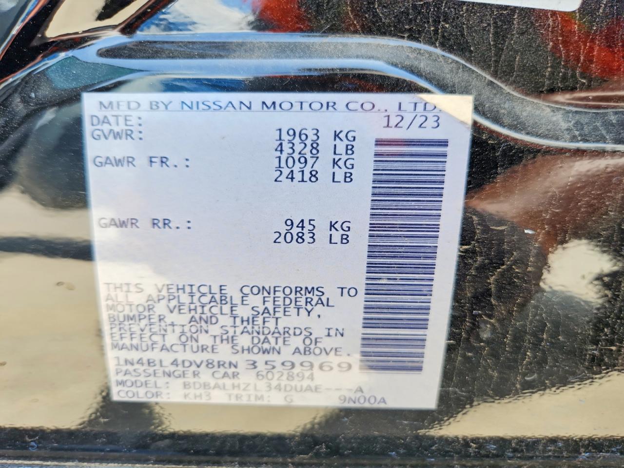 2024 Nissan Altima Sv Черный vin: 1N4BL4DV8RN359969