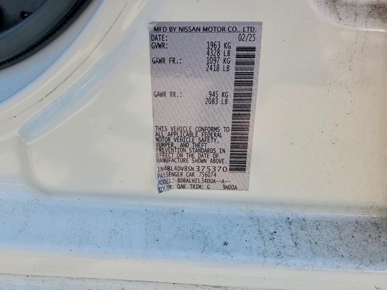2025 Nissan Altima Sv White vin: 1N4BL4DV8SN375370