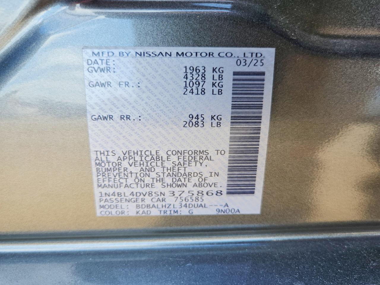 2025 Nissan Altima 2.5 Sv Gray vin: 1N4BL4DV8SN375868